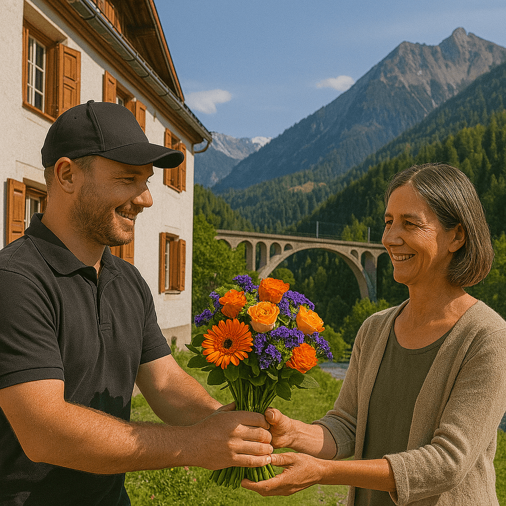 Blumenlieferung in Tiefencastel – Frischer Blumenstrauss wird vor traditionellem Bündnerhaus mit Alpenkulisse überreicht.