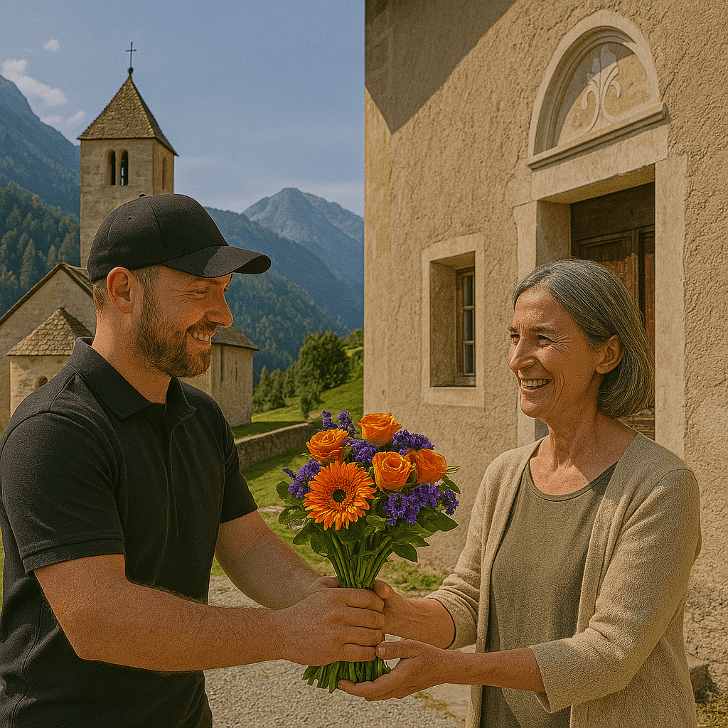 Blumenlieferung in Alvaschein – Frischer Blumenstrauss wird vor historischem Haus mit Blick auf Kirche Mistail und die Berglandschaft überreicht.