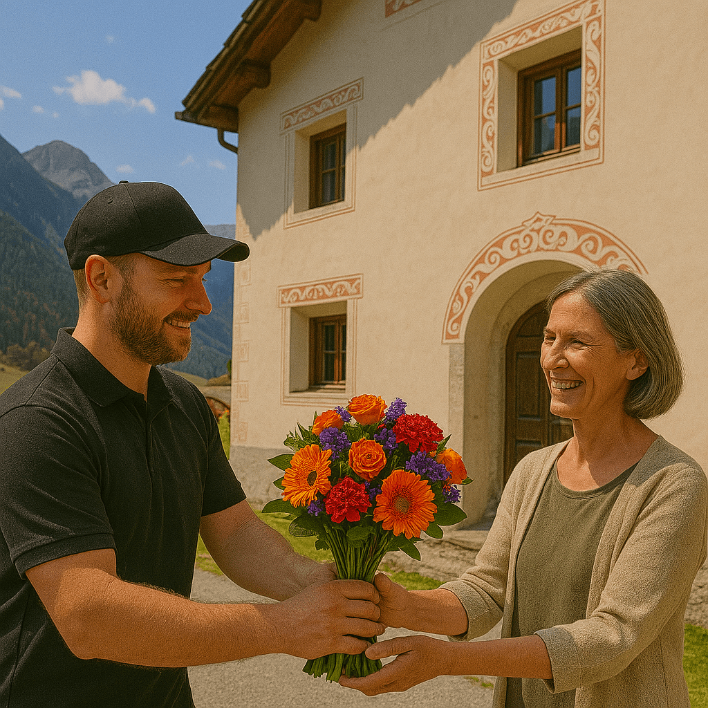 Blumenlieferung in Cunter – Frischer Blumenstrauss wird vor Engadinerhaus mit alpiner Kulisse im Surses-Tal überreicht.