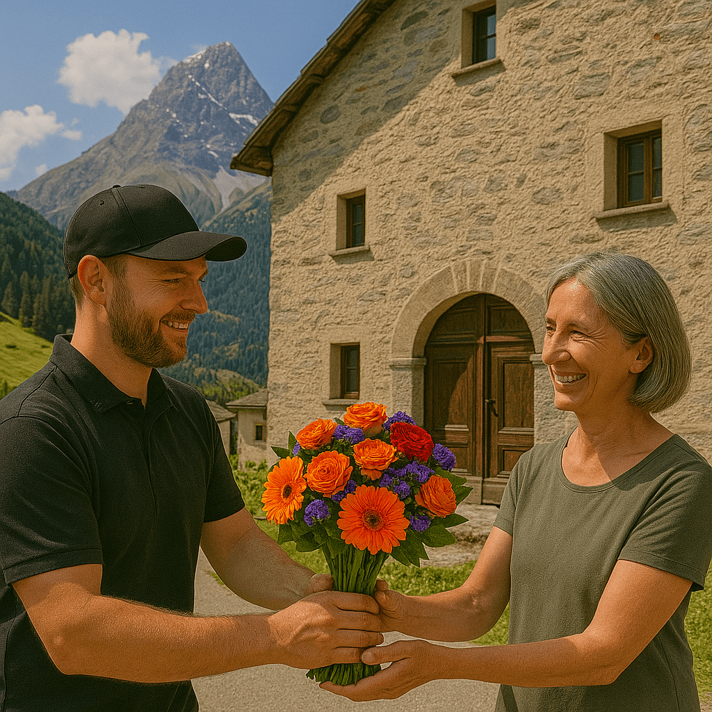 Blumenlieferung in Tinizong – Frischer Blumenstrauss wird vor romanischem Haus mit Piz Mitgel im Hintergrund übergeben.