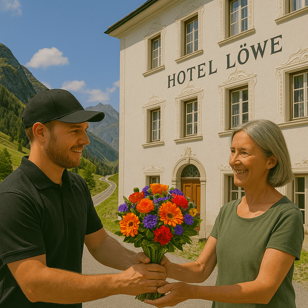 Blumenlieferung in Mulegns – Frischer Blumenstrauss wird vor Hotel Löwe mit Julierpass-Berglandschaft übergeben.
