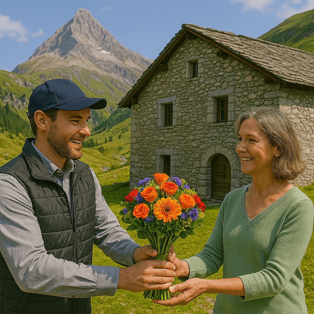 Blumenlieferung in Sur – Florist übergibt frischen Blumenstrauss vor Steinhaus mit Blick auf Piz Platta und Bündner Alpen.