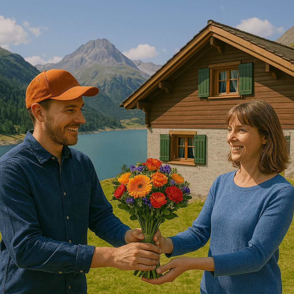 Blumenlieferung in Marmorera – Frischer Blumenstrauss wird vor Chalet mit Seeblick und Bergpanorama übergeben.