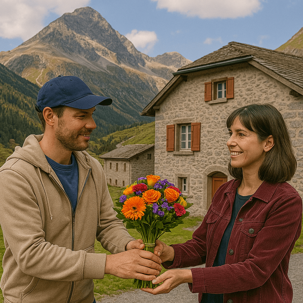 Blumenlieferung in Bivio – Frischer Blumenstrauss wird vor einem Haus in Bivio mit imposanter Alpenkulisse übergeben.