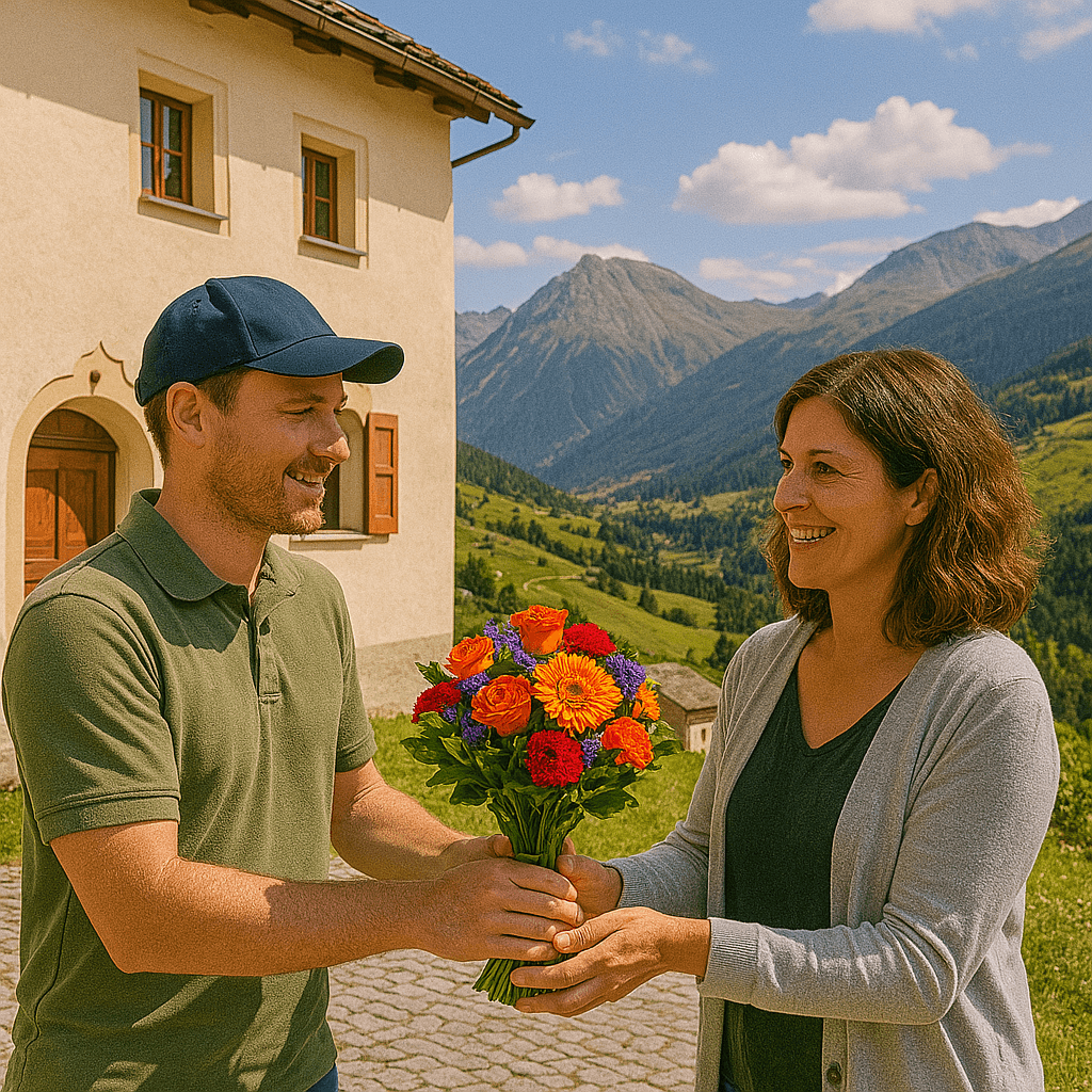 Blumenlieferung in Mon – Frischer Blumenstrauss wird vor Bündnerhaus mit Blick auf das Surses-Tal übergeben.