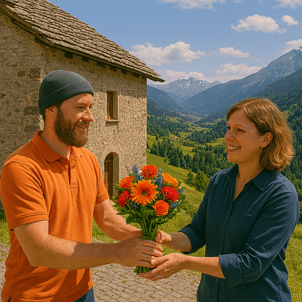 Blumenlieferung in Stierva – Frischer Blumenstrauss wird vor traditionellem Bündnerhaus mit Blick auf das Albulatal übergeben.