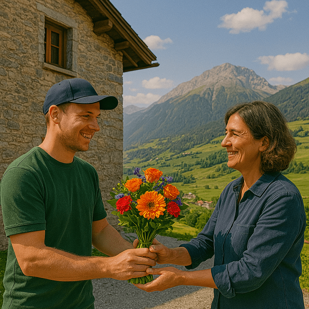 Blumenlieferung in Salouf – Frischer Blumenstrauss wird vor Bündner Steinhaus mit Ausblick auf das alpine Surses übergeben.