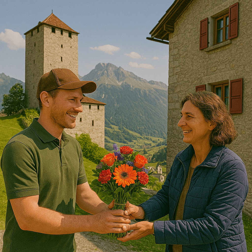 Blumenlieferung in Riom – Frischer Blumenstrauss wird vor Schloss Riom oder Bündnerhaus mit Blick auf die Alpen übergeben.