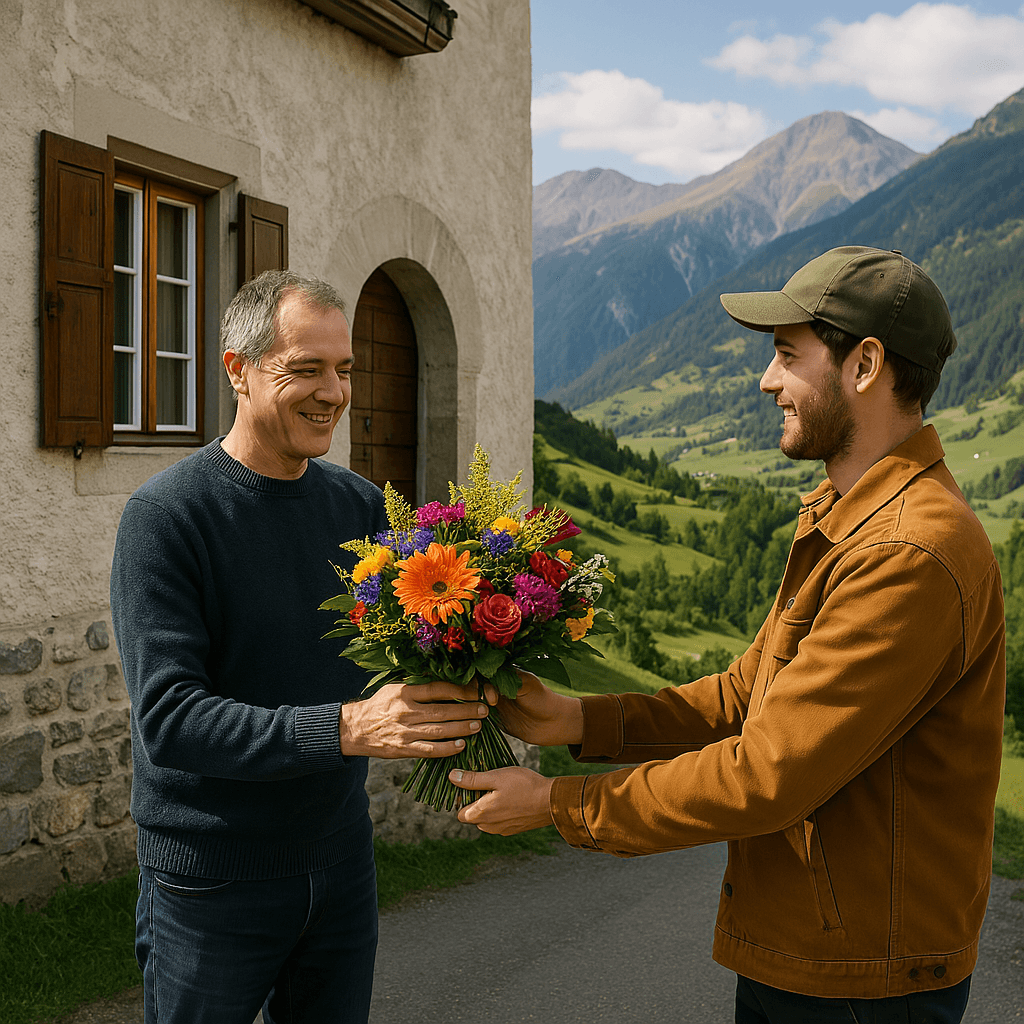 Blumenlieferung in Alvaneu Dorf – Frischer Blumenstrauss wird vor Bündnerhaus mit Blick ins Albulatal übergeben.