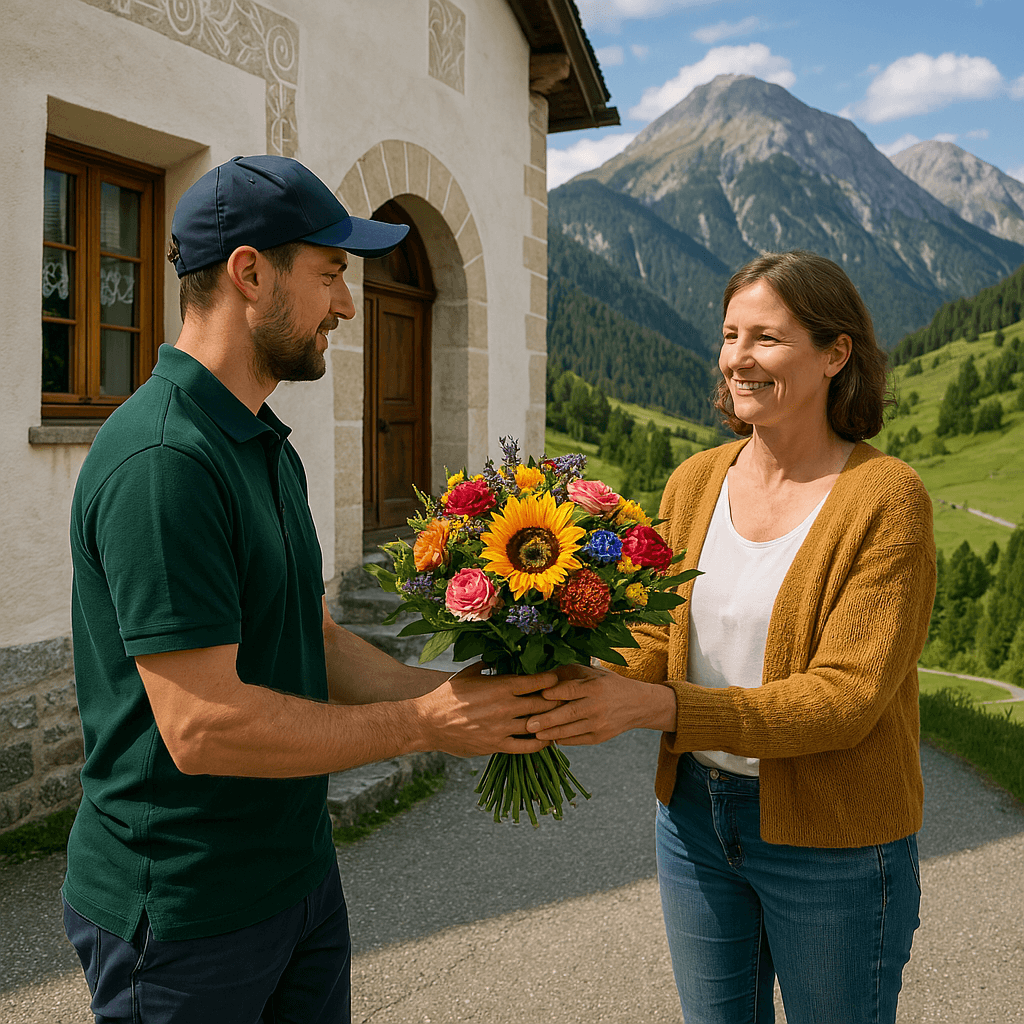 Blumenlieferung in Schmitten (Albula) – Frischer Blumenstrauss wird vor Bündnerhaus mit Blick ins Albulatal übergeben.