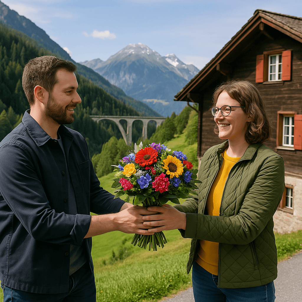 Blumenlieferung in Wiesen GR – Frischer Blumenstrauss wird vor Chalet mit Sicht auf Wiesnerviadukt und Alpenlandschaft übergeben.