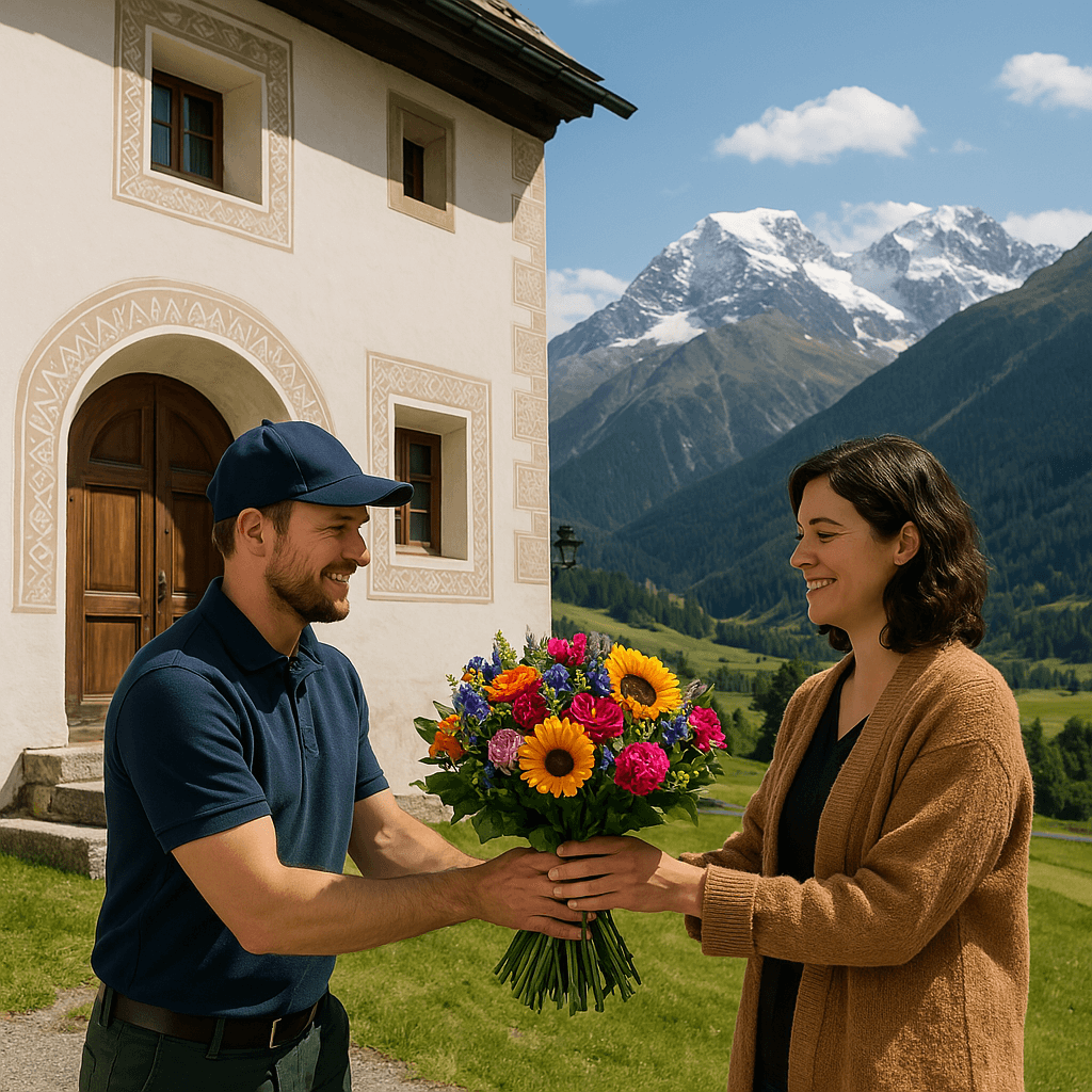 Blumenlieferung in Samedan – Frischer Blumenstrauss wird vor Engadinerhaus mit Blick auf das Oberengadin und Bernina-Gebirge übergeben.