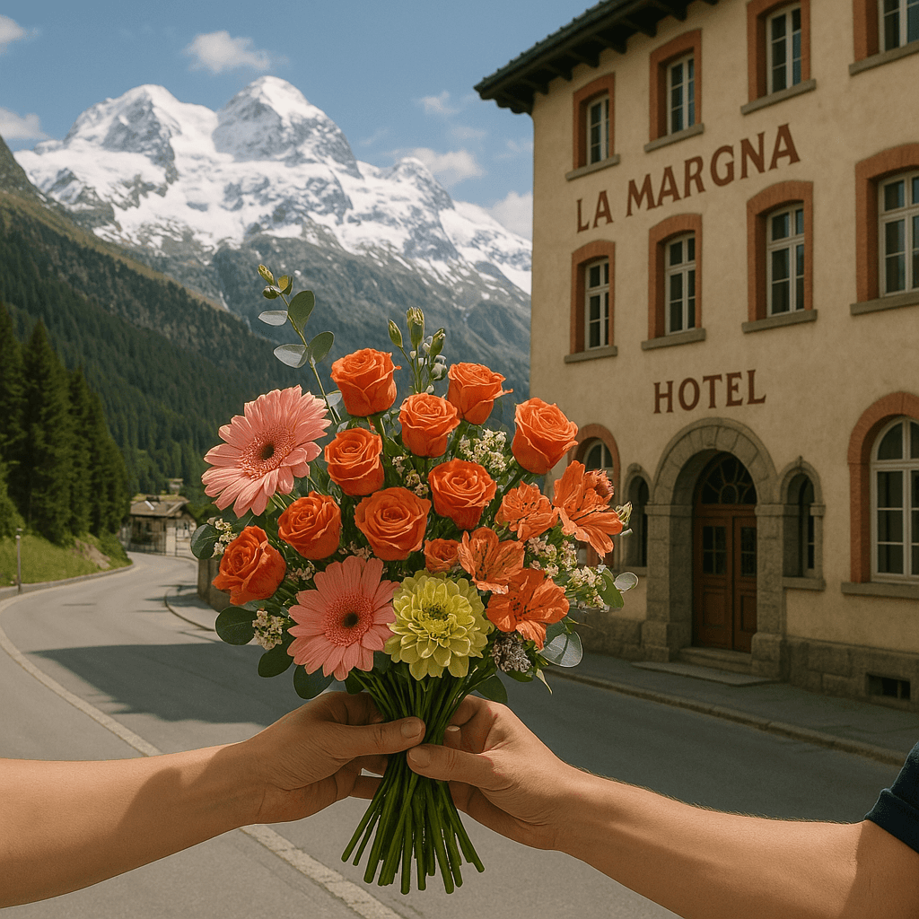 Blumenlieferung in Pontresina – Frischer Blumenstrauss wird vor historischem Hotel mit Blick auf das Berninamassiv übergeben.