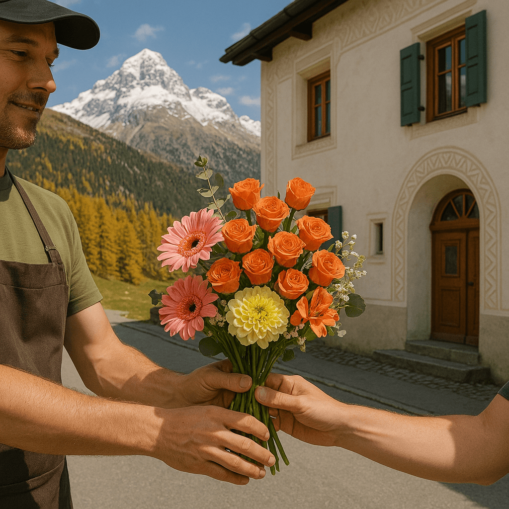 Blumenlieferung in Celerina/Schlarigna – Frischer Blumenstrauss wird vor Engadinerhaus mit Blick auf Bergkulisse übergeben.