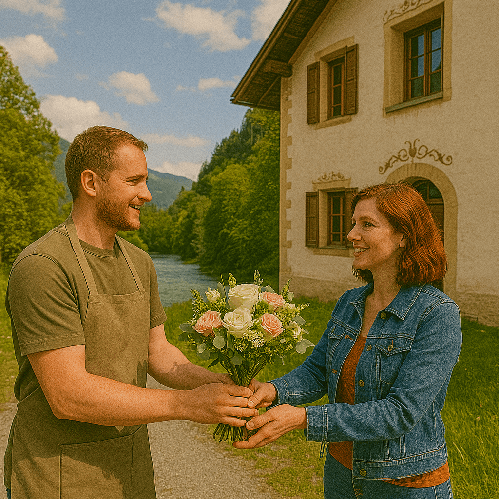 Blumenlieferung in Surava – Frischer Blumenstrauss wird vor Haus in Surava mit Blick auf die Albula und umgebende Bündner Landschaft übergeben.