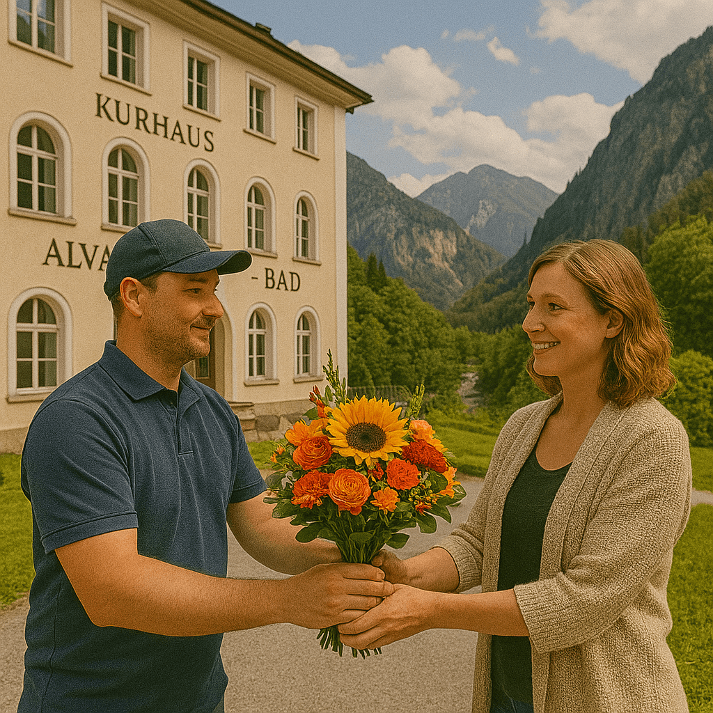Blumenlieferung in Alvaneu Bad – Frischer Blumenstrauss wird vor dem Kurhaus mit Blick auf Berge und Albula-Schlucht übergeben.