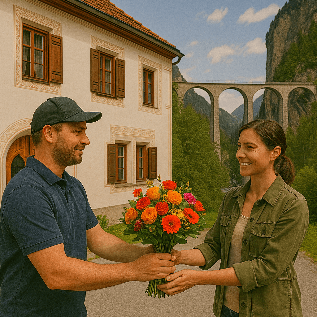 Blumenlieferung in Filisur – Frischer Blumenstrauss wird vor Engadinerhaus mit Landwasserviadukt und Bergkulisse übergeben.