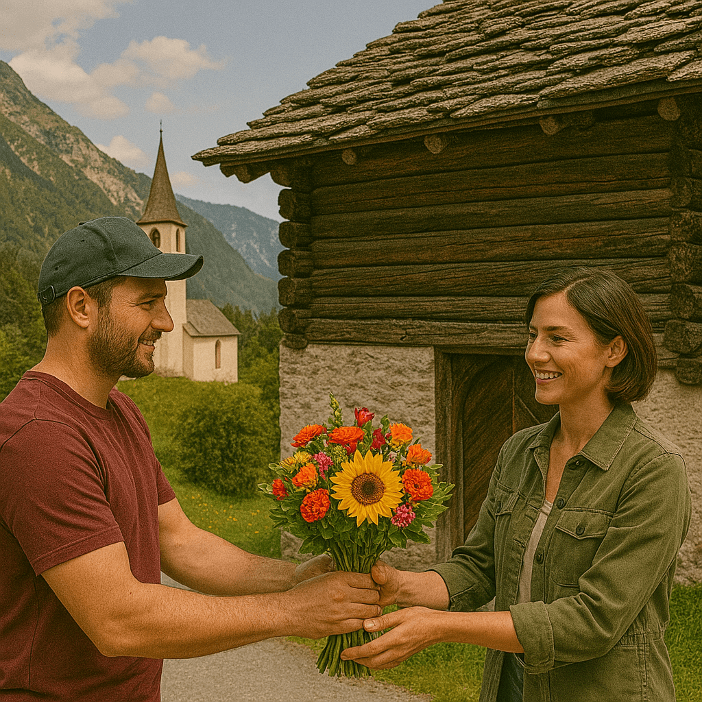 Blumenlieferung in Stugl/Stuls – Frischer Blumenstrauss wird vor historischem Walserhaus mit Kirche Son Plasch und Bergkulisse übergeben.