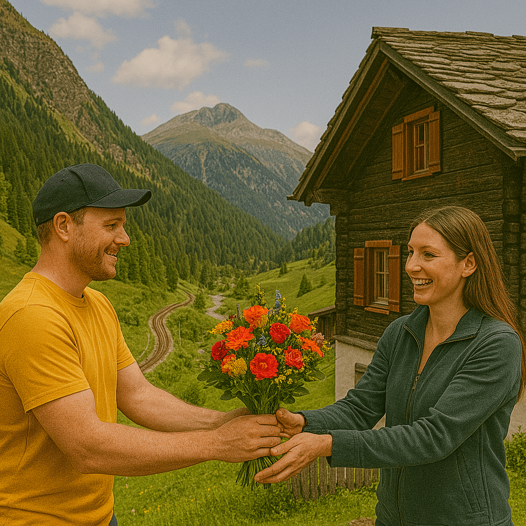 Blumenlieferung in Bergün/Bravuogn – Frischer Blumenstrauss wird vor Engadinerhaus mit RhB-Viadukt und alpiner Landschaft übergeben.