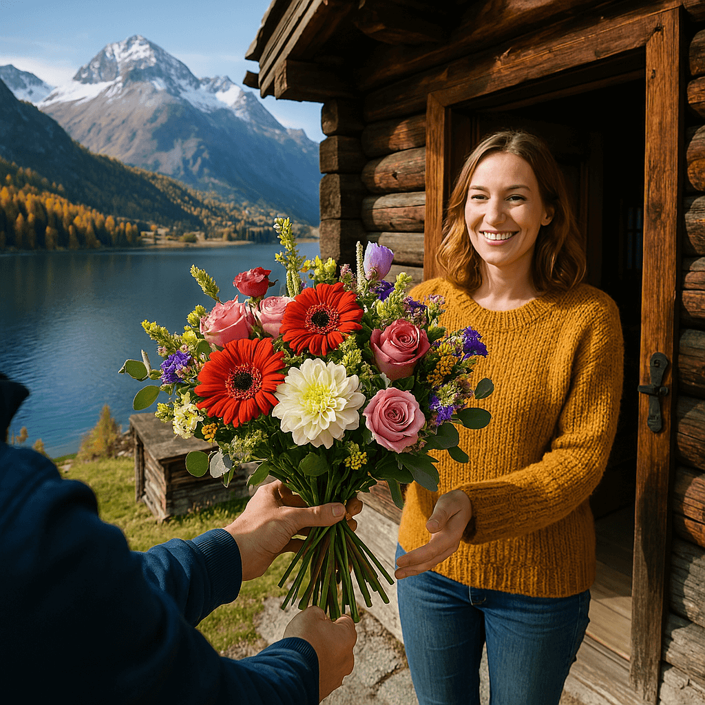 Blumenlieferung in Maloja – Frischer Blumenstrauss wird vor Chalet mit Blick auf den Lago di Sils und die Alpen übergeben.