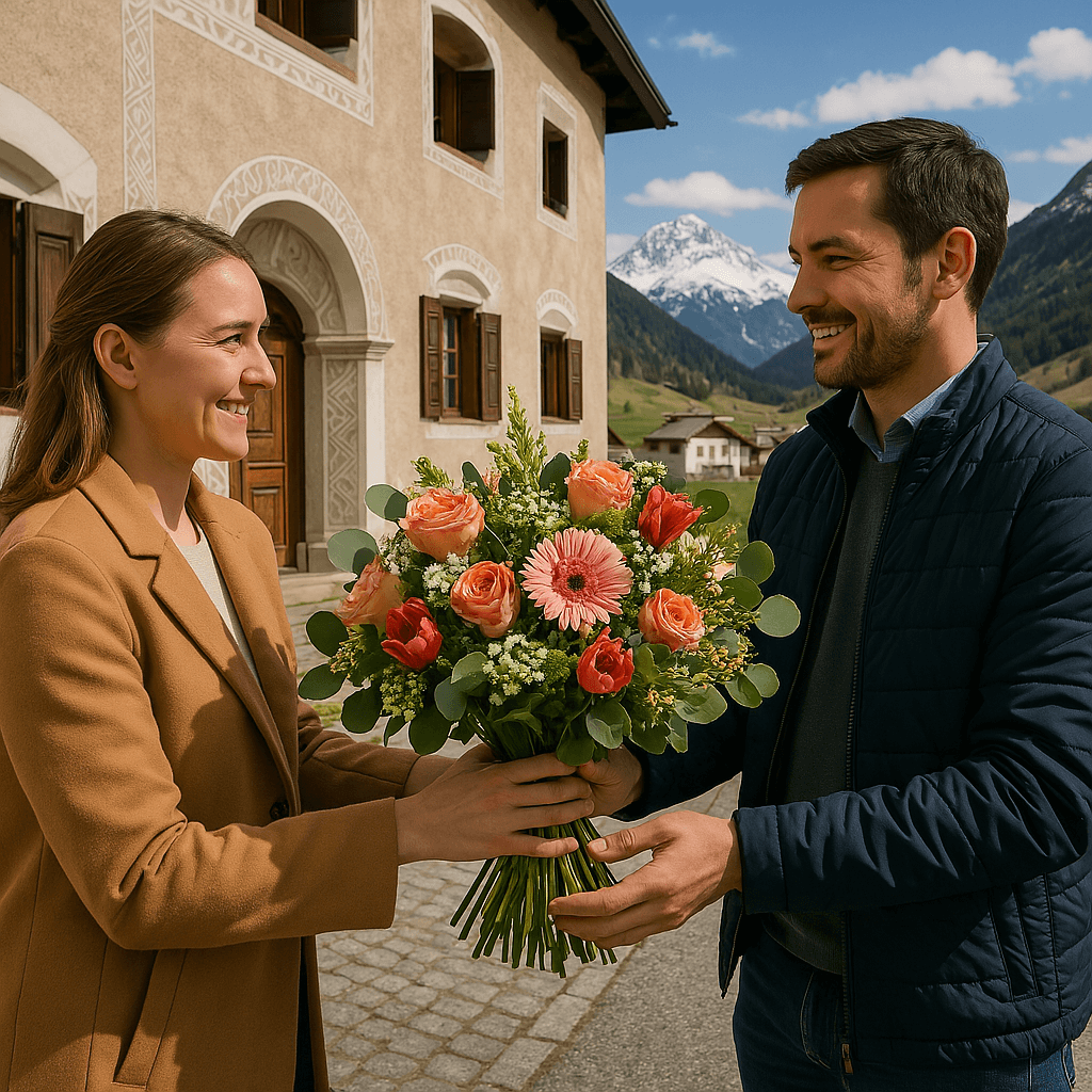 Blumenlieferung in La Punt-Chamues-ch – Frischer Blumenstrauss wird vor traditionellem Engadinerhaus mit Blick auf die Alpen übergeben.