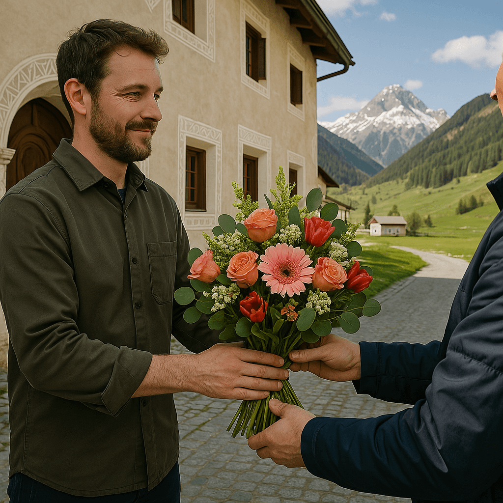Blumenlieferung in Madulain – Frischer Blumenstrauss wird vor Engadinerhaus mit Blick auf die Alpen übergeben.