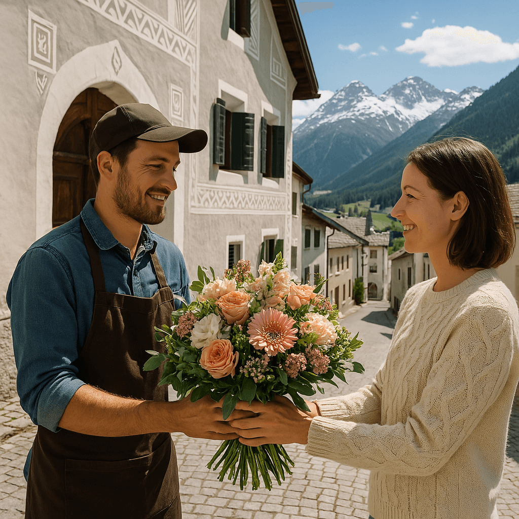 Blumenlieferung in Zuoz – Frischer Blumenstrauss wird vor Engadinerhaus mit Blick auf die Alpen übergeben.