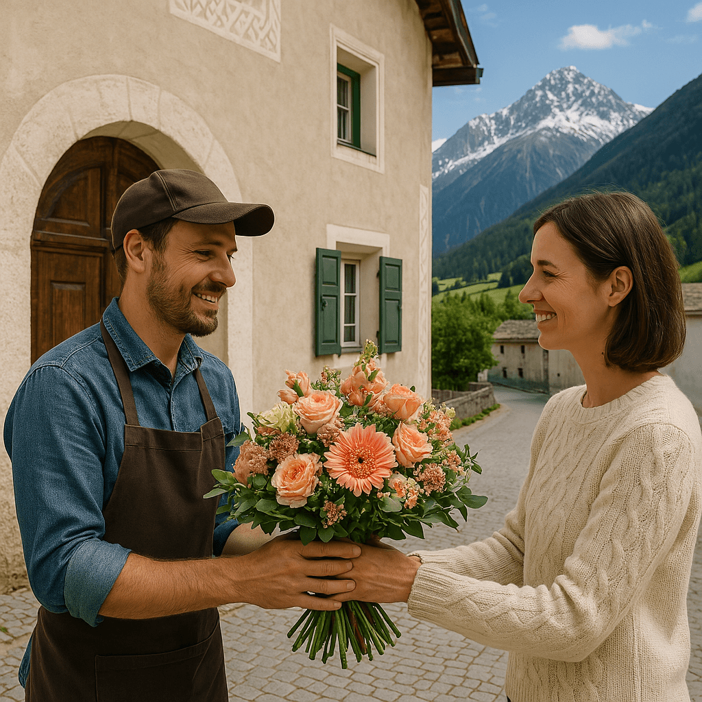 Blumenlieferung in S-chanf – Frischer Blumenstrauss wird vor Engadinerhaus mit Blick auf die Alpen übergeben.