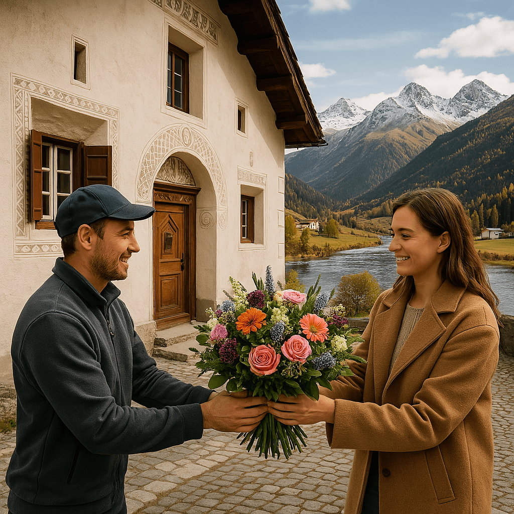 Blumenlieferung in Cinuos-chel – Frischer Blumenstrauss wird vor Engadinerhaus mit Blick auf das Engadiner Bergpanorama übergeben.