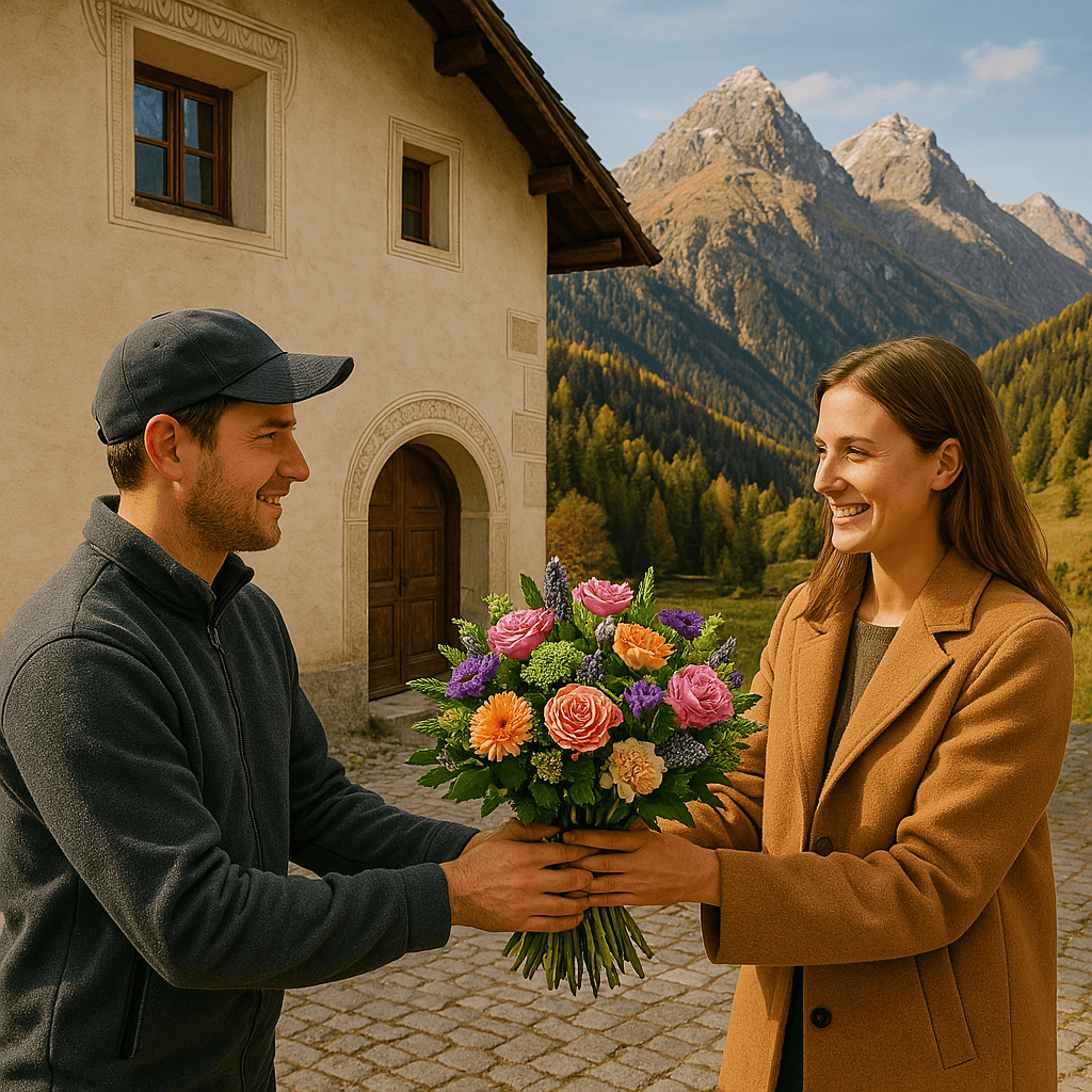 Blumenlieferung in Brail – Frischer Blumenstrauss wird vor Engadinerhaus mit Blick auf die alpinen Berge des Oberengadins übergeben.