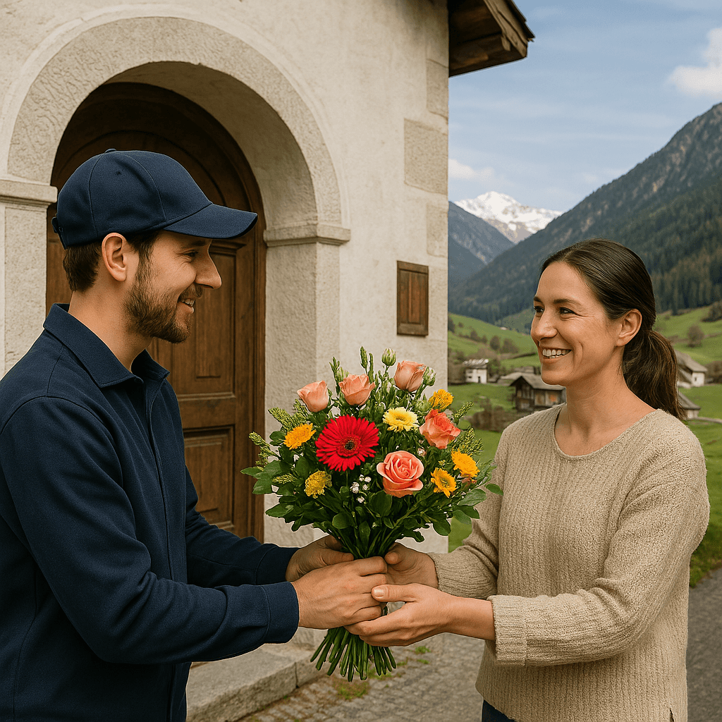 Blumenlieferung in Tschierv – Frischer Blumenstrauss wird vor Engadinerhaus mit Blick auf das Val Müstair und die Alpen übergeben.