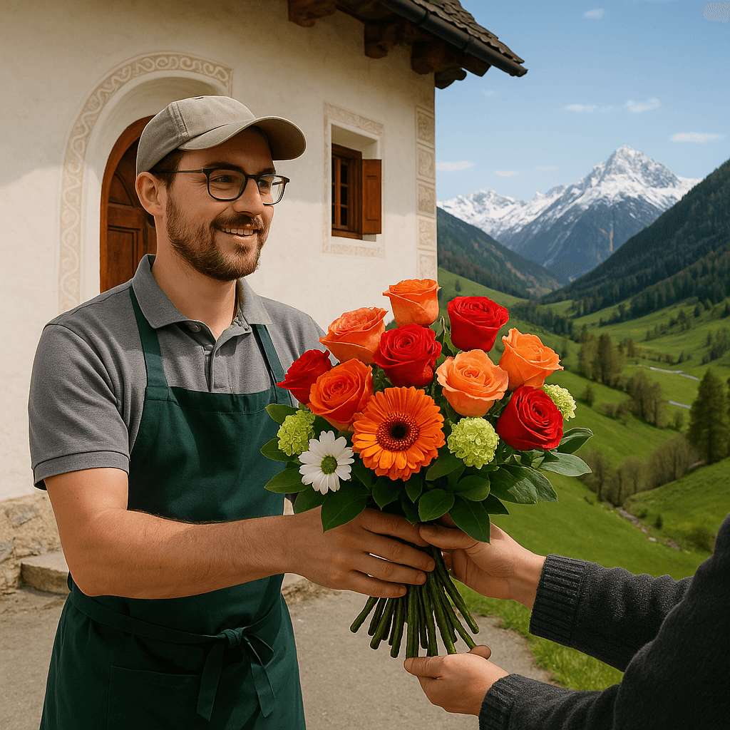 Blumenlieferung in Lü – Frischer Blumenstrauss wird vor Engadinerhaus mit Blick auf das Val Müstair und die Alpen übergeben.