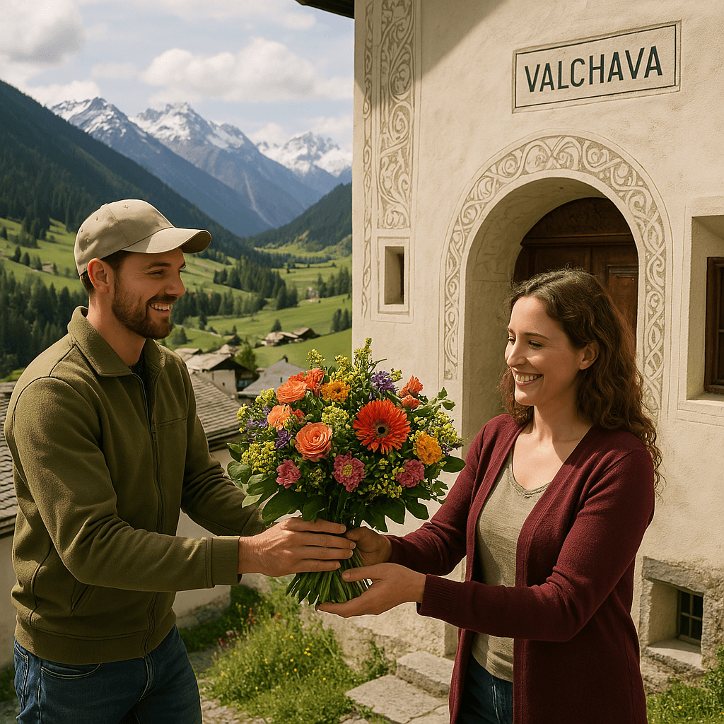Blumenlieferung in Valchava – Frischer Blumenstrauss wird vor Engadinerhaus mit Blick auf das Val Müstair und die Alpen übergeben.