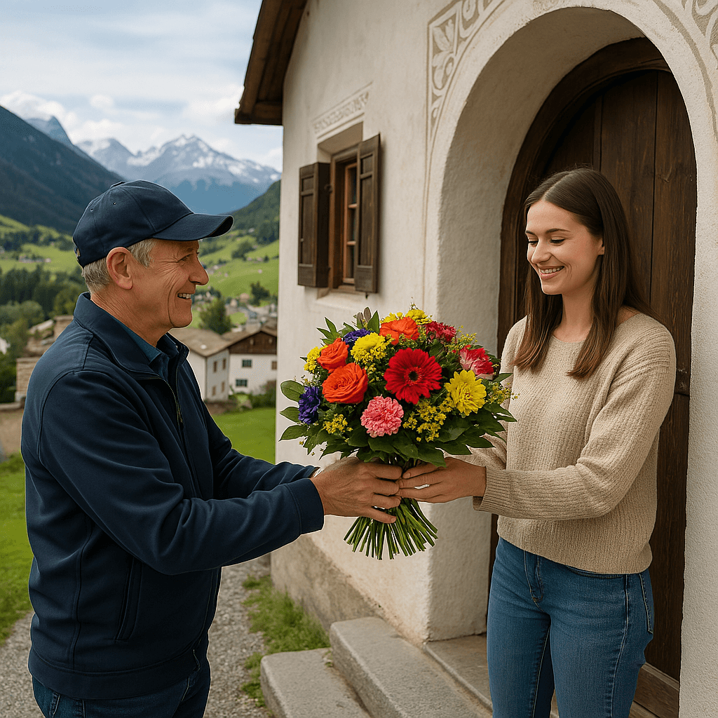 Blumenlieferung in Müstair – Frischer Blumenstrauss wird vor Engadinerhaus mit Blick auf das Val Müstair und die Alpen übergeben.